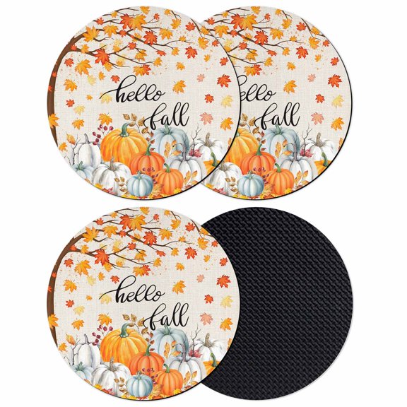 Thanksgiving Coasters Set of 4, Absorbent Coasters for Drinks, Orange White Pumpkin Maple Leaf Branches Coaster for Desk Coffee Table Protection, Home Decor House Warming Gifts 4"