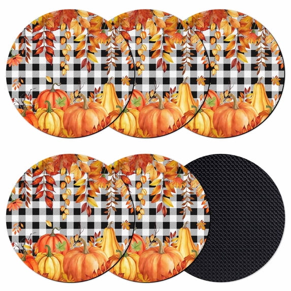 Thanksgiving Coasters Set of 6, Absorbent Coasters for Drinks, Autumn Orange Red Pumpkin Leaf Plaid Black Coaster for Desk Coffee Table Protection, Home Decor House Warming Gifts 4"