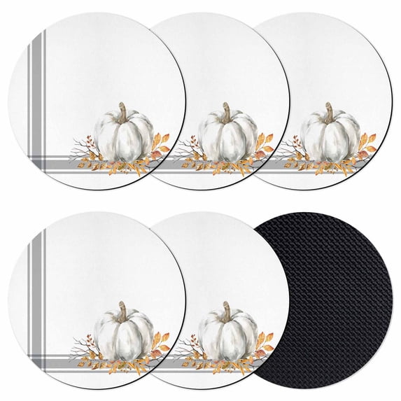 Thanksgiving Coasters Set of 6, Absorbent Coasters for Drinks, Grey White Pumpkin Stripes Autumn Leaf Coaster for Desk Coffee Table Protection, Home Decor House Warming Gifts 4"