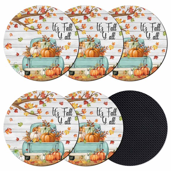 Thanksgiving Coasters Set of 6, Absorbent Coasters for Drinks, Maple Leaf Farm Pumpkin White Wood Grain Coaster for Desk Coffee Table Protection, Home Decor House Warming Gifts 4"