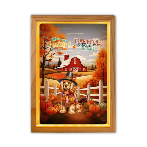 Thanksgiving Cocker Spaniel Pilgrim Grateful, Thankful, Blessed Fall Welcome Acrylic Plaque with Wood Photo Frame Box Cockers Dog Lover Gifts Light Box - 00021