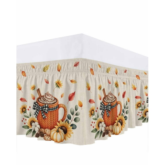 Thanksgiving Coffee Bed Skirt Fall Pumpkin Sunflower Vintage Linen Bed Skirts Queen Size 18 Inch Drop, Wrap Around Dust Ruffle Bedskirt with Adjustable Elastic Belt for Queen Size Beds