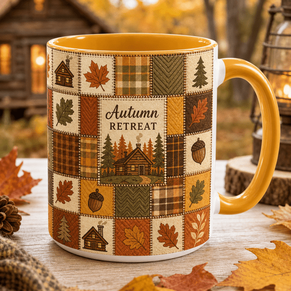 Thanksgiving Coffee Mug Autumn Cabin Patchwork Ceramic for Morning Coffee Fall Gift