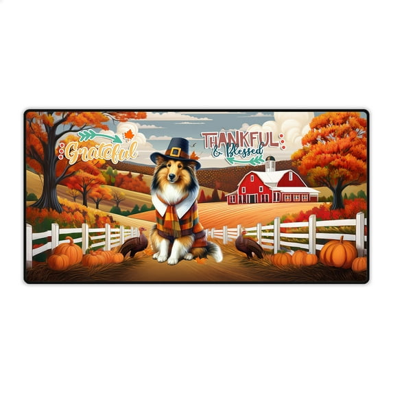 Thanksgiving Collie Pilgrim Grateful, Thankful, Blessed Fall Welcome Desk Mat Full Keyboard Mouse Pad Collie Dog Lover Gifts Idea Large Mousepad - 00021