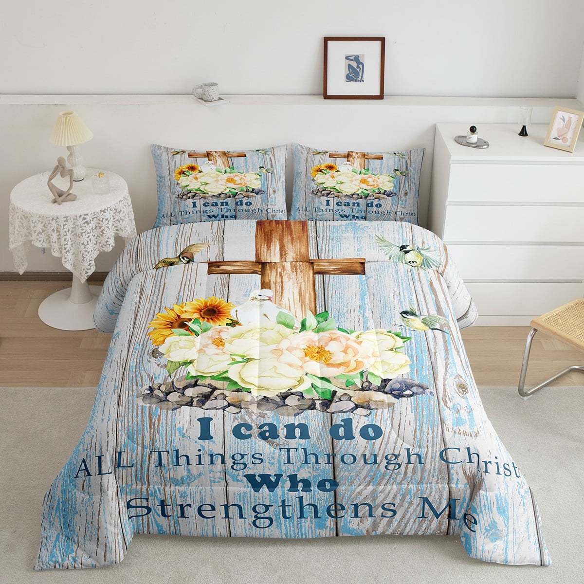 Thanksgiving Comforter Set Cross Theme for Devout Christian, Kids Pure Spirit White Flowers