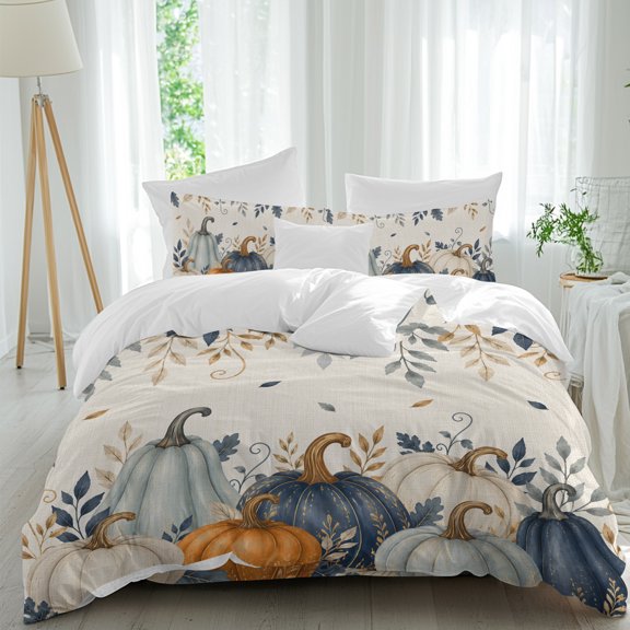 Thanksgiving Comforter Set King Size, Fall Deep Navy White Blue Pumpkin Leaf Linen Texture Soft Bedding Set for Man Woman, 4 Pieces Duvet Cover Set with Fitted Sheet, 2 Pillowcases