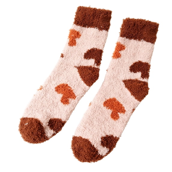 Thanksgiving Coral Fleece Crew Socks, Mid Calf Plush Cozy Socks With Heart And Mushroom Pattern, Soft Fuzzy House Socks For Women, Cute Autumn Winter Warm Slipper Socks, Funny Holiday Gift Socks (G)