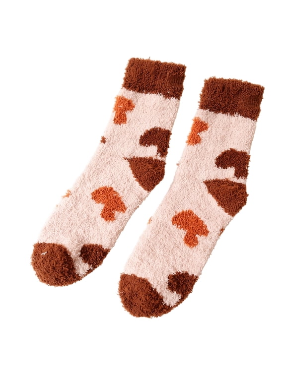 Thanksgiving Coral Fleece Crew Socks, Mid Calf Plush Cozy Socks With Heart And Mushroom Pattern, Soft Fuzzy House Socks For Women, Cute Autumn Winter Warm Slipper Socks, Funny Holiday Gift Socks (G)