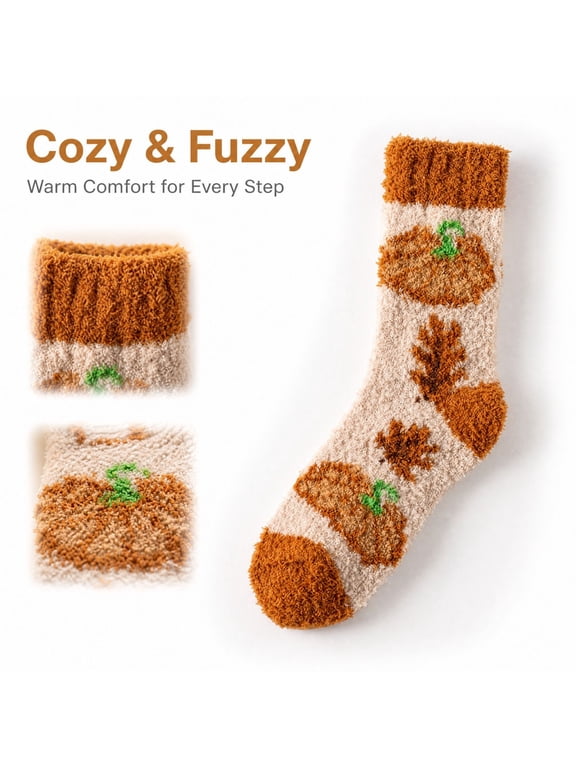 Thanksgiving Coral Fleece Crew Socks, Mid Calf Plush Cozy Socks With Heart And Mushroom Pattern, Soft Fuzzy House Socks For Women Girls, Cute Fall Winter Slipper Socks, Pumpkin Non Skid Floor Socks