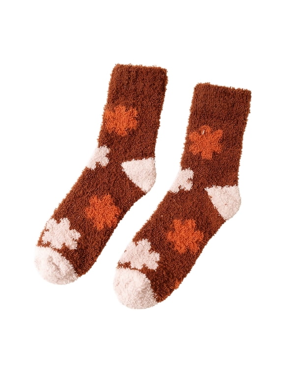 Thanksgiving Coral Fleece Crew Socks Mid Calf Plush Cozy Socks With Heart And Mushroom Pattern Soft Fuzzy House Socks For Women Girls Winter Warm Fluffy Slipper Socks Cute Fall Holiday Gift