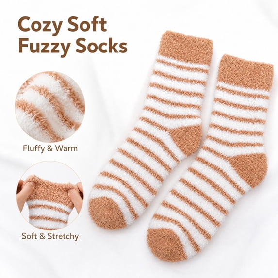 Thanksgiving Coral Fleece Socks Soft Plush Crew Socks With Heart Pattern Fuzzy Striped Cozy Indoor Home Socks For Women (A)