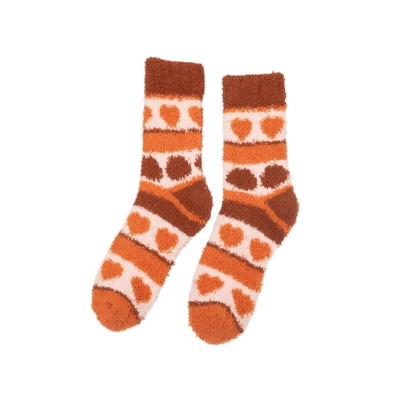 Thanksgiving Coral Fleece Socks Soft Plush Crew Socks With Heart Pattern Fuzzy Striped Cozy Indoor Home Socks For Women