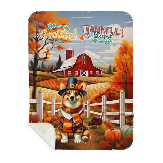 Thanksgiving Corgi Pilgrim Grateful, Thankful, Blessed Fall Welcome Cozy Sherpa Blanket Welsh Corgi Dog Lover Gifts Idea Warm Soft Throw Blanket - 00021
