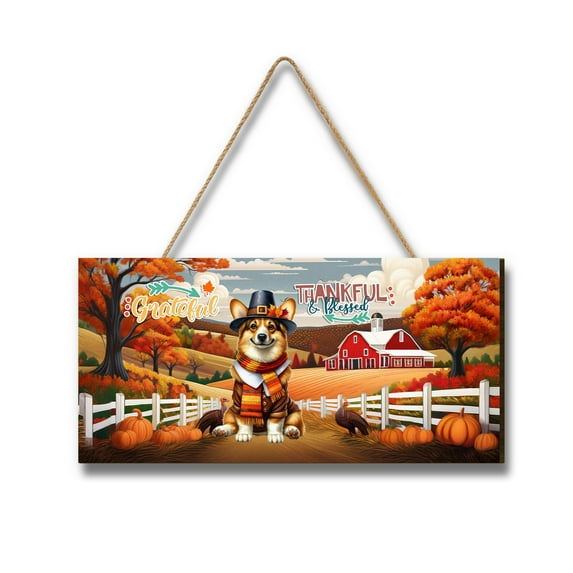 Thanksgiving Corgi Pilgrim Grateful, Thankful, Blessed Fall Welcome Landscape Wood Sign Welsh Corgi Dog Lover Gifts Idea Hanging Wall Home Decor - 00021