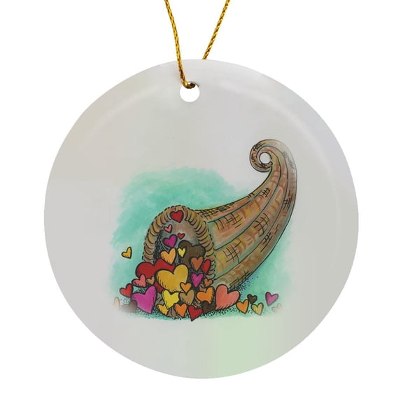 3drose, Thanksgiving Cornicopia Filled with Hearts, Circle Porcelain Ornament