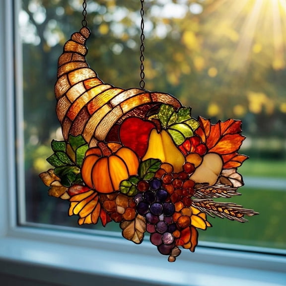 Thanksgiving Cornucopia Acrylic Window Hanging - Faux Stained Glass Autumn Suncatcher Gift