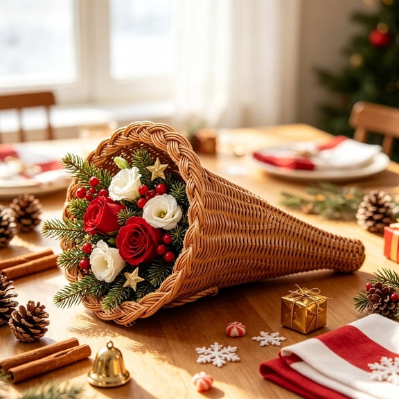 Thanksgiving Cornucopia Basket, 11in Plastic Wicker-Style Horn of Plenty for Table Centerpiece, Fall Mantel Kitchen Countertop Holiday Decor