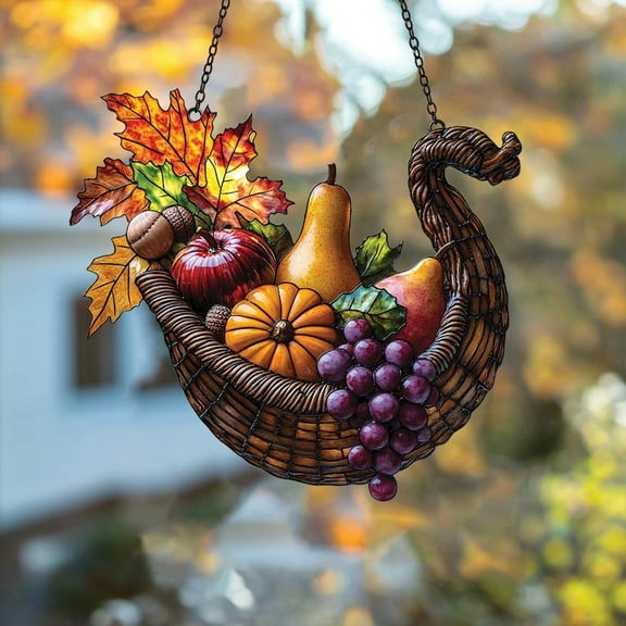 Thanksgiving Cornucopia Basket Faux Stained Glass Acrylic Window Suncatcher Harvest Fruit Pumpkin Maple Leaf Fall Kitchen Decor Gift For Mom