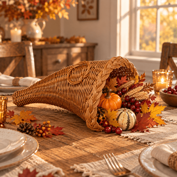 Thanksgiving Cornucopia Basket, Thanksgiving Cornucopia Decoration for Creating, Thanksgiving Table Decor for Home, for Home, Restaurant-Style Table, Harvest, Brown, 11.02 x 7.28 x 7.28 in, 1 Piece