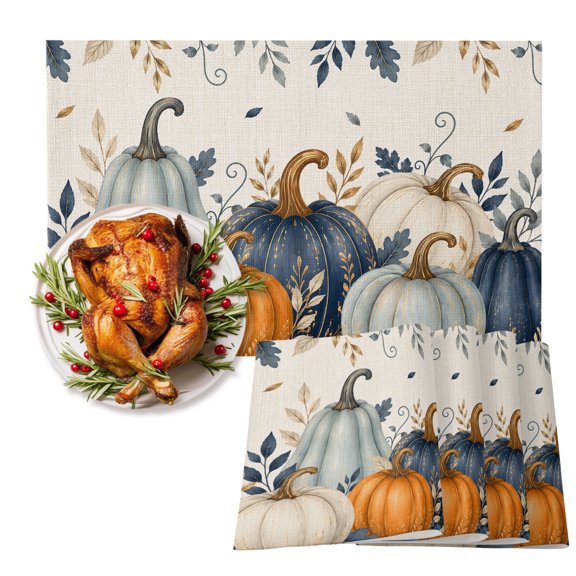 Thanksgiving Cotton Linen Placemats Set of 1, Fall Deep Navy White Blue Pumpkin Leaf Linen Texture Washable Table Place Mats Heat Insulating Placemat for Dining Room Kitchen Daily Use 13 x 19 Inch