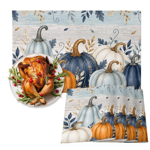 Thanksgiving Cotton Linen Placemats Set of 1, Fall Deep Navy White Blue Pumpkin Leaf Wooden Washable Table Place Mats Heat Insulating Placemat for Dining Room Kitchen Daily Use 13 x 19 Inch