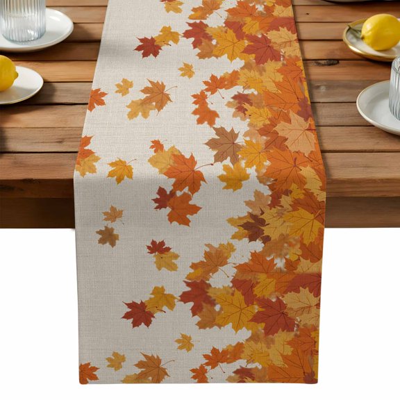 Thanksgiving Cotton Linen Table Runner for Dining Kitchen, Retro Orange Fall Maple Leaves Autumn Wedding Outdoor Party Tablerunners Decoration, Dresser Scarf Coffee Tablecloth Runners 13x90 Inches