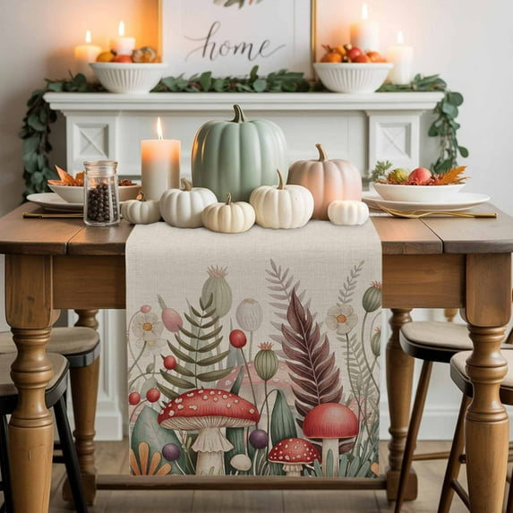Thanksgiving Cotton Linen Table Runner, Washable Table Runners for Kitchen, Dining Room, Holiday, Home Party Table Decor, 13x90 Inches