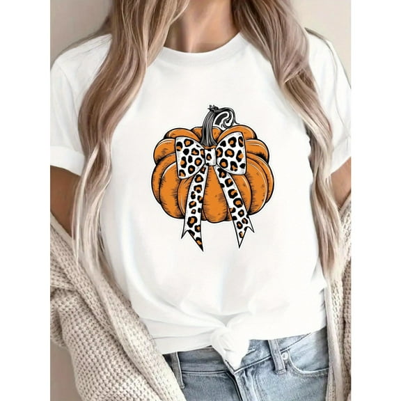 Thanksgiving Pumpkin Leopard Print Graphic for Fall Tee T Shirt Top Short Sleeve Round Neck White S-5XL
