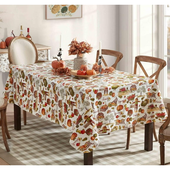 Thanksgiving Country Pumpkin Farm Rectangle Vinyl Tablecloth with Flannel Backing, 60 x 120 inch