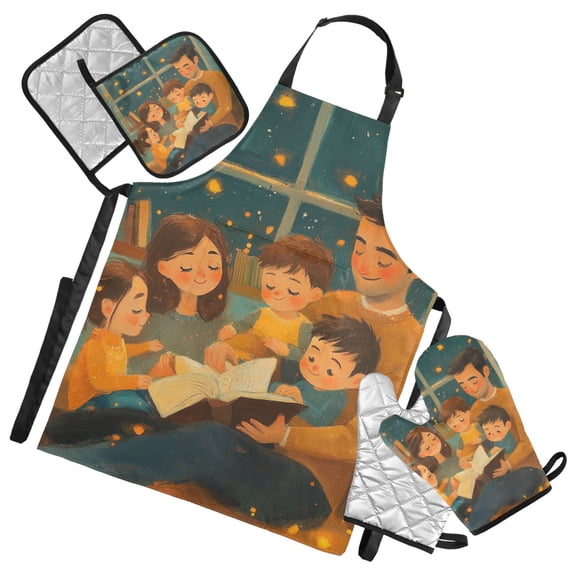 Thanksgiving Cozy Family Illustration Oven Mitts and Pot Holders with Chef Apron Set 5 Pcs Kitchen Cooking Set