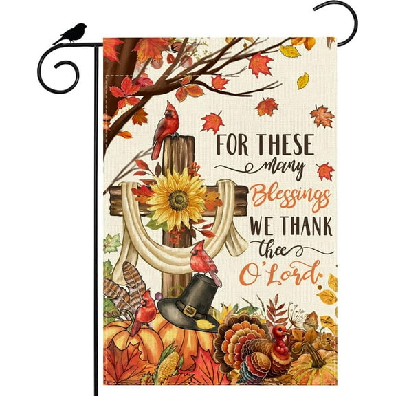 Thanksgiving Cross Cardinal Pumpkins Maple Leaves Fall Garden Flag Yard Flag 12x18 Inch Double Sided Small Mini Outdoor Outside Farmhouse Holiday Decoration