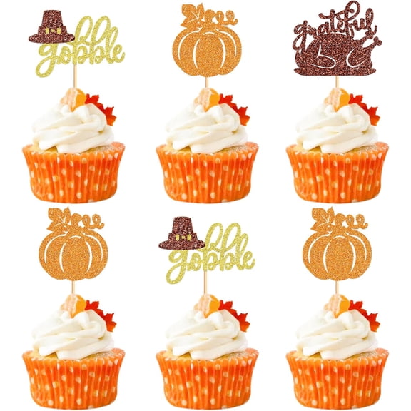 Thanksgiving Cupcake Toppers, 12PCS Glitter Picks with Gobble, Pumpkin & Turkey for Fall Holiday Dessert Decor