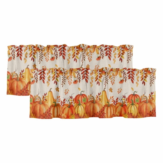 Thanksgiving Curtain Valances for Windows, Kitchen Valance Window Treatments Panel 2 Pack, Autumn Pumpkin Orange Red Vintage Leaf Rod Pocket Short Curtains for Bathroom Bedroom 42 x 12 Inch