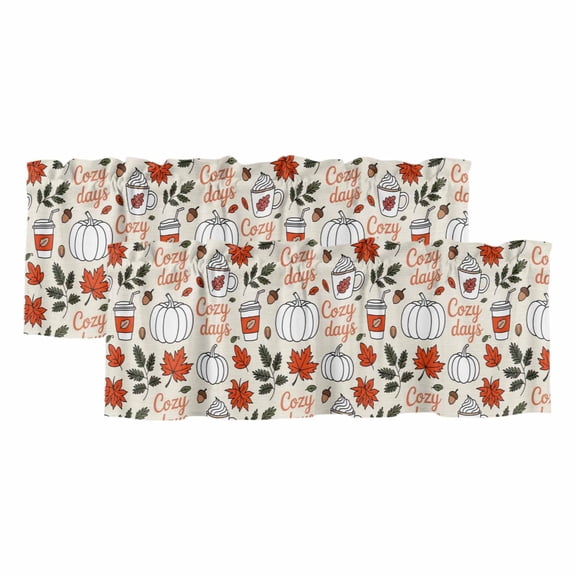Thanksgiving Curtain Valances for Windows, Kitchen Valance Window Treatments Panel 2 Pack, Fall Cartoon Pumpkins Leaves Watercolor Rod Pocket Short Curtains for Bathroom Bedroom 42 x 12 Inch