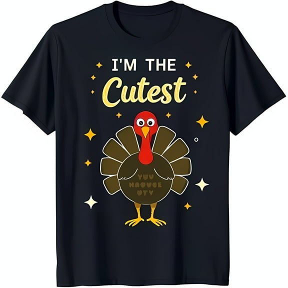 Thanksgiving Cute Cartoon Turkey Black T-Shirt 'I'm the Cutest' Graphic with Gold Stars