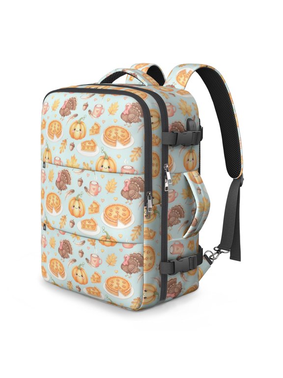 Thanksgiving Cute Turkey Pumpkin Pie Pattern Travel Laptop Backpack, Business Rucksack with Multi Compartments & USB Port, Hideaway Straps Gifts for Travel Business School