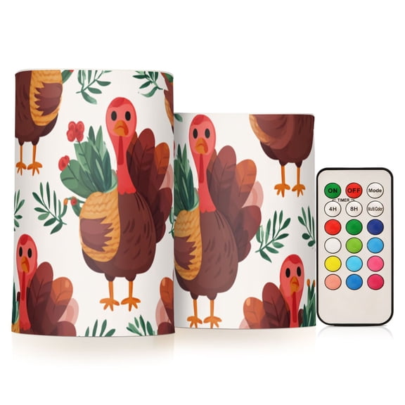 Thanksgiving Cute Turkey with Leaves Flickering Flameless Candles LED Tealight Battery Operated with Remote Set of 2 Holiday Decor Ornaments