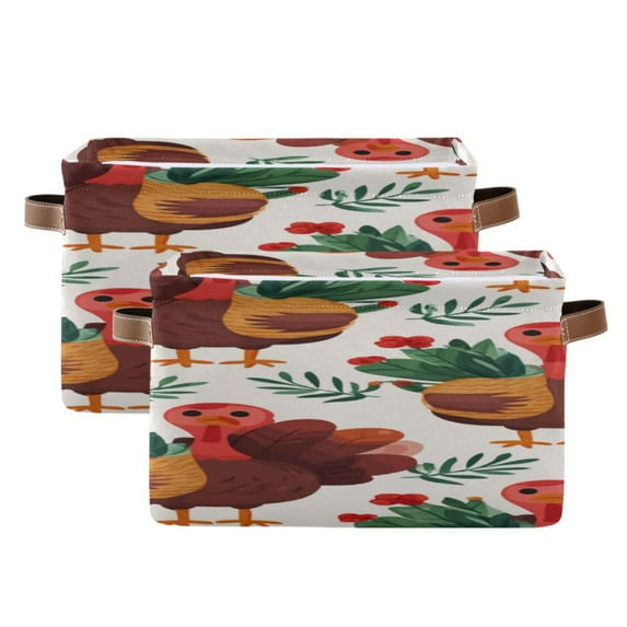 Thanksgiving Cute Turkey with Leaves Square Storage Bins with Handles Collapsible Containing Box 2 Packs