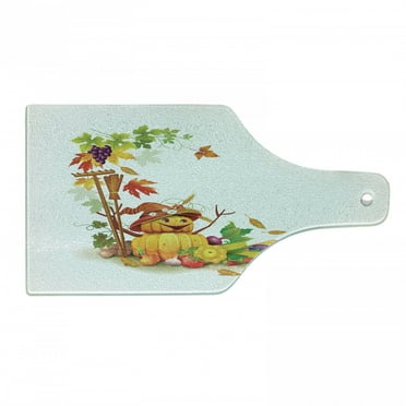 Thanksgiving Cutting Board, Autumn Harvest Theme with Various Foods from Country Garden Agriculture, Decorative Tempered Glass Cutting and Serving Board, Wine Bottle Shape, Multicolor, by Ambesonne