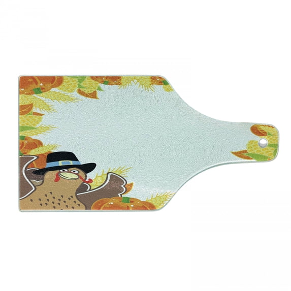 Thanksgiving Cutting Board, Fun Cartoon Drawing Corn and Pumpkin Rural Frame Harvest Season Food Theme, Tempered Glass Cutting and Serving Board, Wine Bottle Shape, Multicolor, by Ambesonne