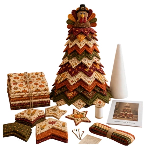 Thanksgiving DIY Quilted Tree Sewing Kit, Fabric Patchwork Tree Craft Set with Foam Cone & Instructions, Turkey Topper Tabletop Decoration for Fall Holiday Decor 20CM