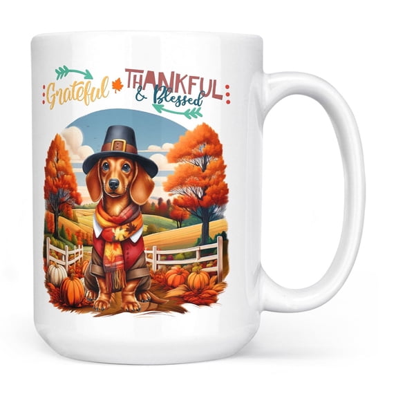 Thanksgiving Dachshund Pilgrim Grateful, Thankful, Blessed Fall Welcome Mug Wiener Dog Lover Gifts Idea Coffee Tea Cup - 00021