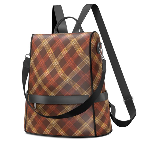 Thanksgiving Dark Brown Diagonal Plaid Fashion Backpack, Convertible Shoulder Bag with Side Bottle Pockets & Convertible Strap, Multi Pockets Gifts for Work Travel Shopping