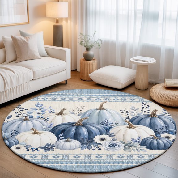 Thanksgiving Day 3.3' Round Washable Rugs for Bedside Reading Corner, Fall Harvest Pumpkins Berry Flower Blue Stripe Stain Proof Non Slip Circle Area Rug for Entryway Front door