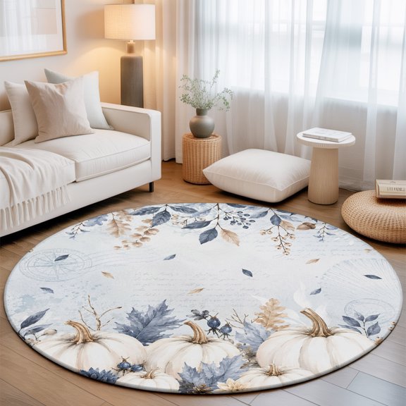 Thanksgiving Day 7' Round Rugs for Living Room Conversation Area, Fall Country Blue Flowers White Pumpkins Berry Leaf Washable Non Slip Large Circle Area Rug Under Dining Table
