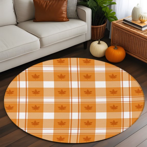 Thanksgiving Day Autumn Leaves Round Area Rug 3ft,Living Room Rug Non-Slip Washable Circle Rugs Pad,Maple Leaf Check Grid Soft Floor Carpet for Bedroom Dining Room