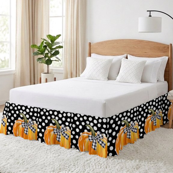 Thanksgiving Day Bed Skirt California King Size 18 Inch Drop, Bow Orange Pumpkin Adjustable Elastic Dust Ruffles Bedskirt Wrap Around Pleated Mattress Frame Cover