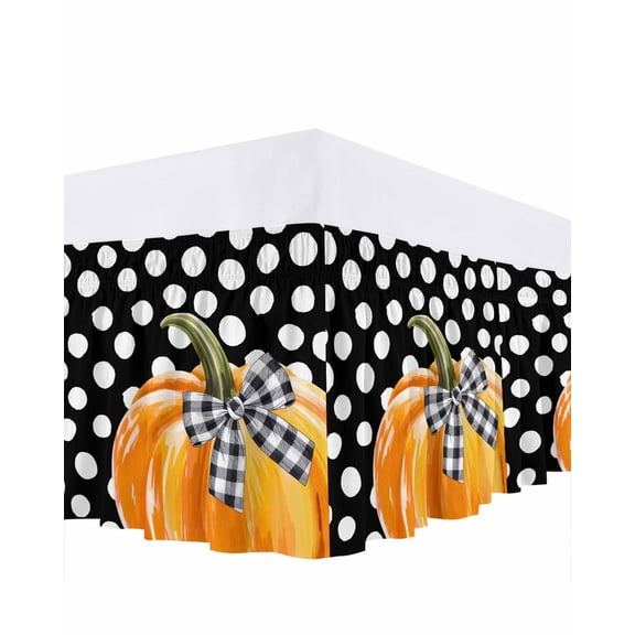 Thanksgiving Day Bed Skirt Queen Size 16 Inch Drop, Bow Orange Pumpkin Fall Polka Dot Wrap Around Dust Ruffle Bedskirts, Wrinkle & Fade Resistant Easy Fit Bedskirt with Adjustable Elastic