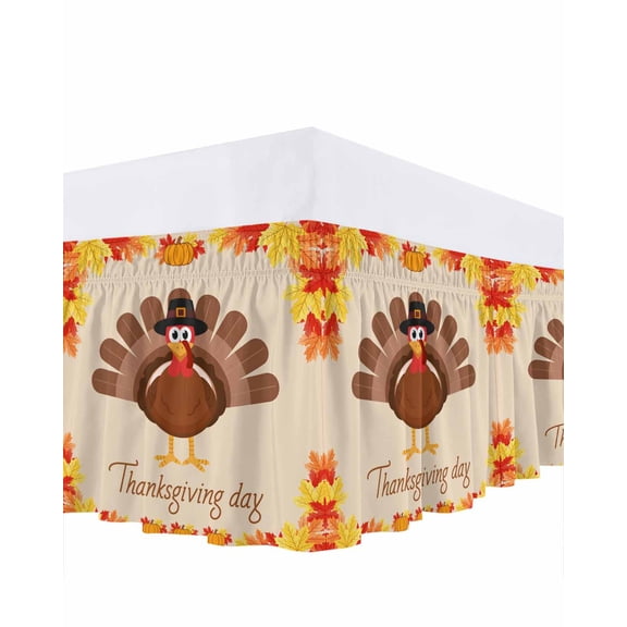 Thanksgiving Day Bed Skirt Queen Size 18 Inch Drop, Cartoon Turkey Autumn Maple Leaf Harvest Wrap Around Dust Ruffle Bedskirts, Wrinkle & Fade Resistant Easy Fit Bedskirt with Adjustable Elastic