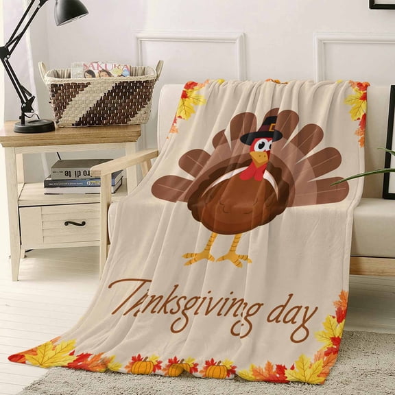 Thanksgiving Day Cartoon Turkey Autumn Maple Leaf Harvest Throw Flannel Blanket 50x60In Super Soft Cozy Bed Blanket, Lightweight Plush Fuzzy Bed Throw for Bedroom Sofa Couch Living Room